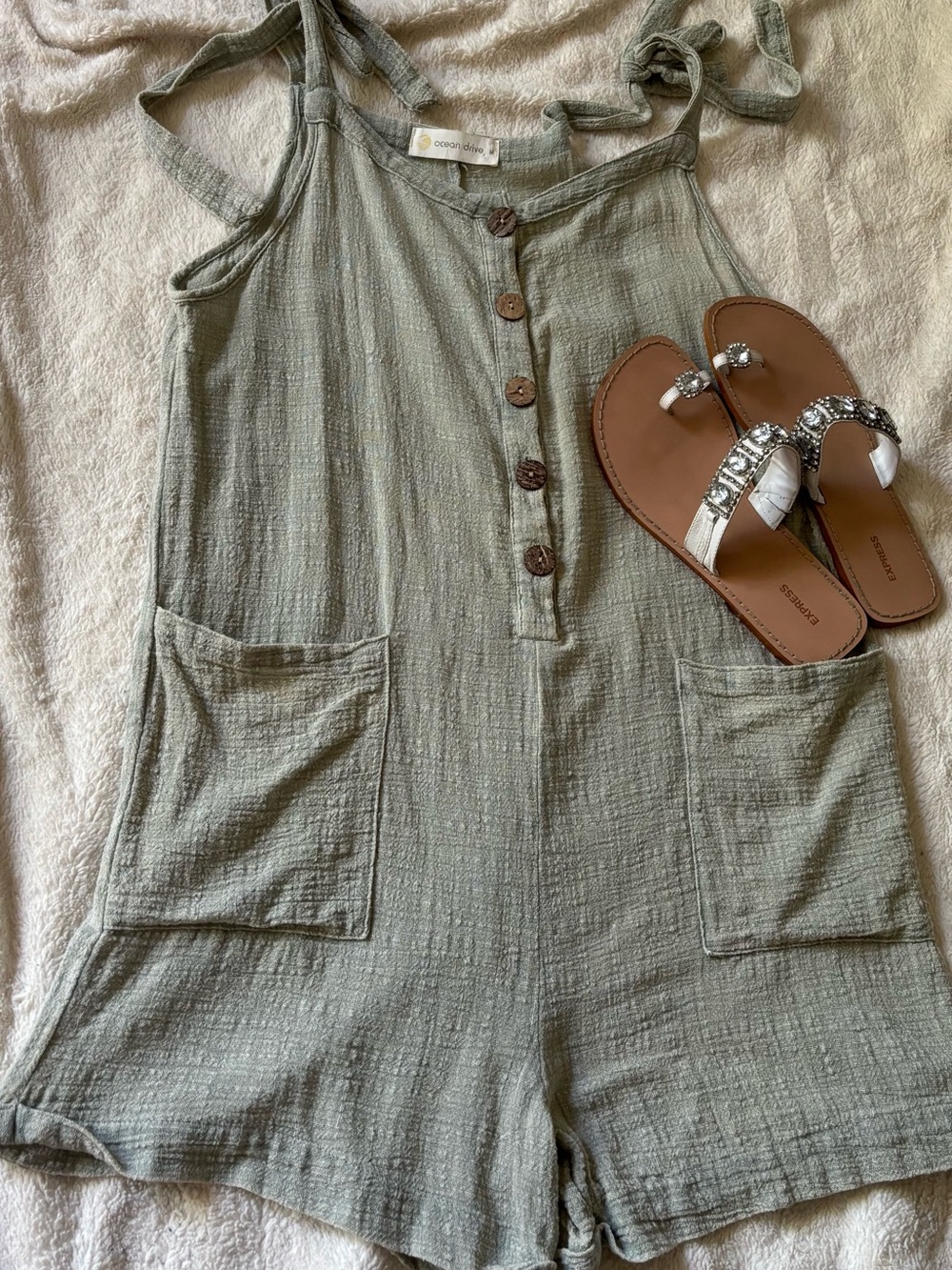 Ocean Drive Sage Green Button-Front Tie-Strap Romper